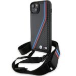 BMW BMHCP15M23PSVTK Black Hardcase M Edition Carbon Tricolor Lines & Strap Kryt iPhone 15 Plus