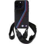 BMW BMHCP15X23PSVTK Black Hardcase M Edition Carbon Tricolor Lines & Strap Kryt iPhone 15 Pro Max