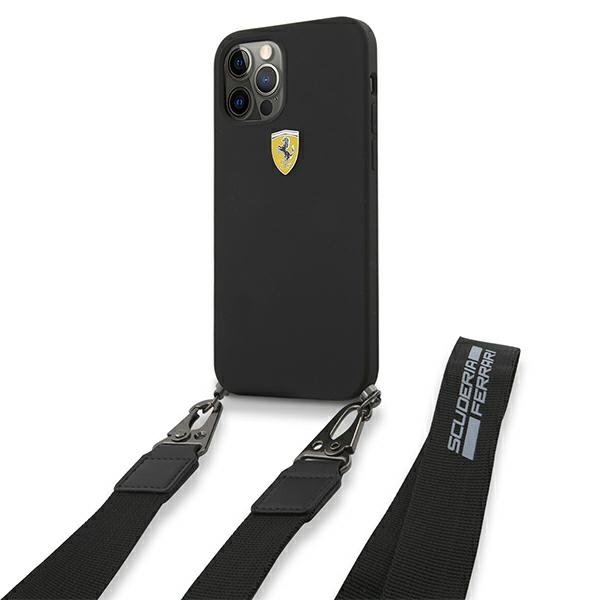 Ferrari FESTRAHCP12MBK Black HardCase On Track Silicone with Strap Kryt iPhone 12/12 Pro