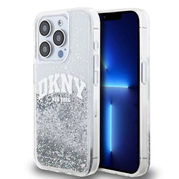 DKNY Liquid Glitter Arch Logo Transparent Kryt iPhone 15 Pro