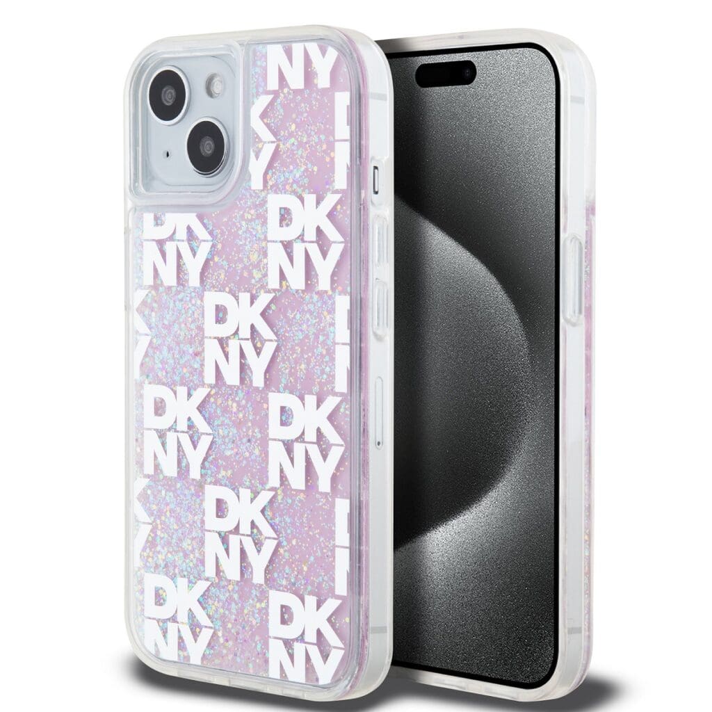 DKNY Liquid Glitter Checkered Pattern Pink Kryt iPhone 15