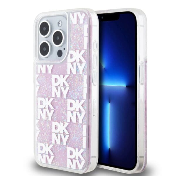 DKNY Liquid Glitter Checkered Pattern Pink Kryt iPhone 15 Pro