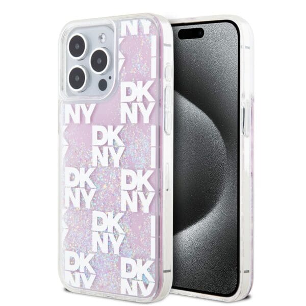 DKNY Liquid Glitter Checkered Pattern Pink Kryt iPhone 15 Pro Max