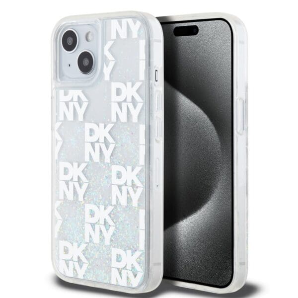 DKNY Liquid Glitter Checkered Pattern Transparent Kryt iPhone 15