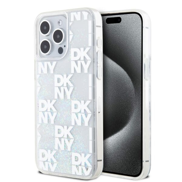 DKNY Liquid Glitter Checkered Pattern Transparent Kryt iPhone 15 Pro Max
