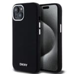 DKNY Liquid Silicone Silver Metal Logo MagSafe Black Kryt iPhone 15