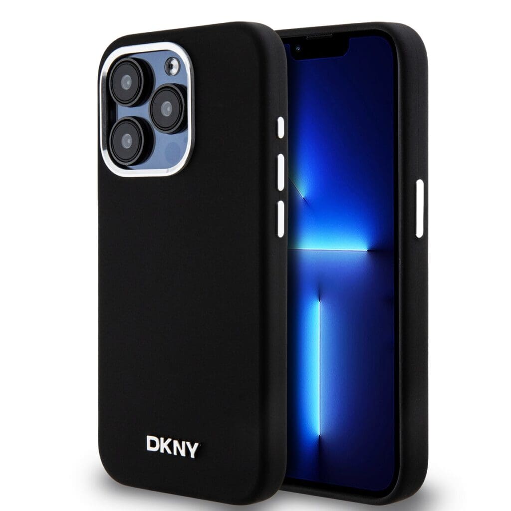 DKNY Liquid Silicone Silver Metal Logo MagSafe Black Kryt iPhone 15 Pro