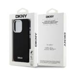 DKNY Liquid Silicone Silver Metal Logo MagSafe Black Kryt iPhone 15 Pro