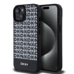DKNY PU Leather Repeat Pattern Bottom Stripe MagSafe Black Kryt iPhone 15