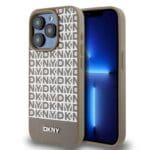DKNY PU Leather Repeat Pattern Bottom Stripe MagSafe Brown Kryt iPhone 15 Pro