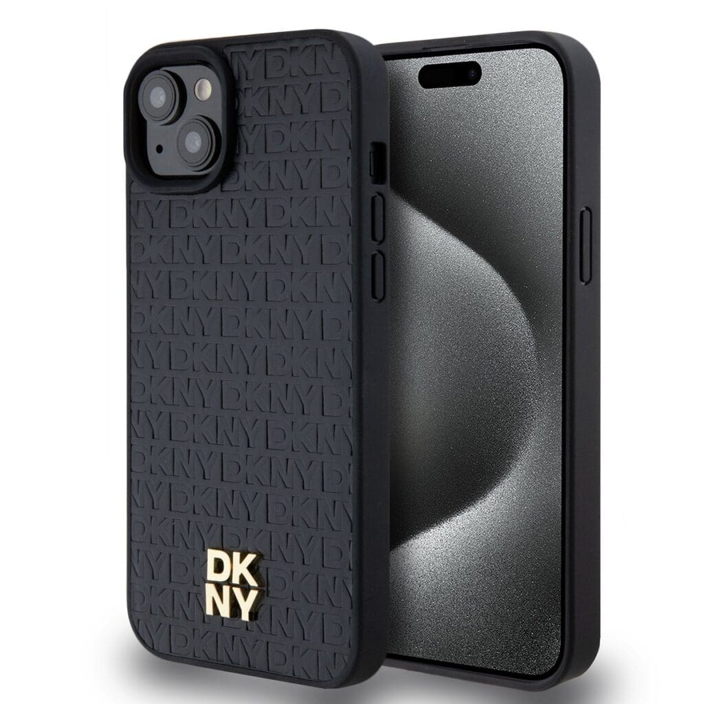 DKNY PU Leather Repeat Pattern Stack Logo MagSafe Black Kryt iPhone 13