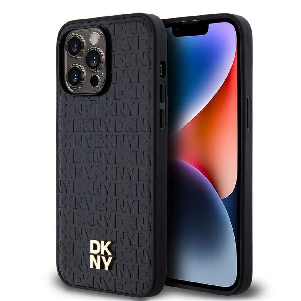 DKNY PU Leather Repeat Pattern Stack Logo MagSafe Black Kryt iPhone 13 Pro Max