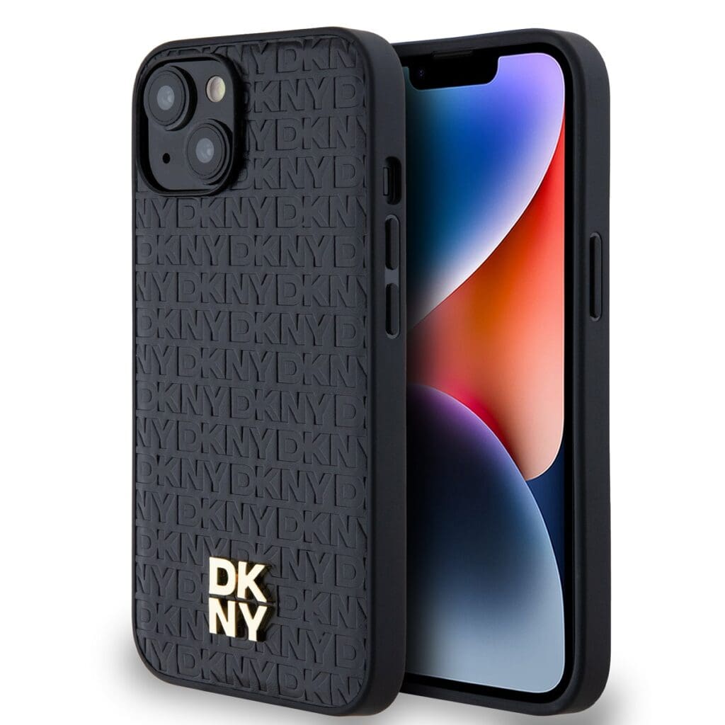 DKNY PU Leather Repeat Pattern Stack Logo MagSafe Black Kryt iPhone 14