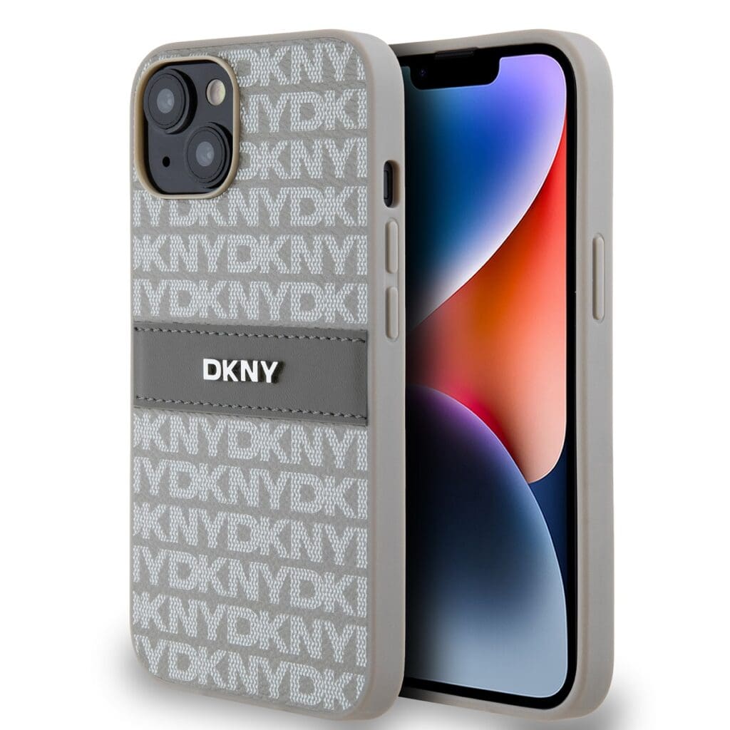 DKNY PU Leather Repeat Pattern Tonal Stripe Beige Kryt iPhone 14