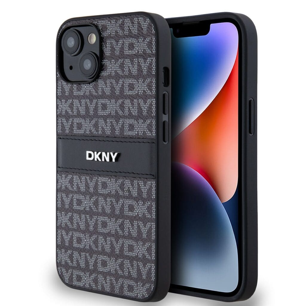 DKNY PU Leather Repeat Pattern Tonal Stripe Black Kryt iPhone 14