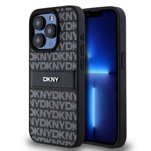 DKNY PU Leather Repeat Pattern Tonal Stripe Black Kryt iPhone 14 Pro Max