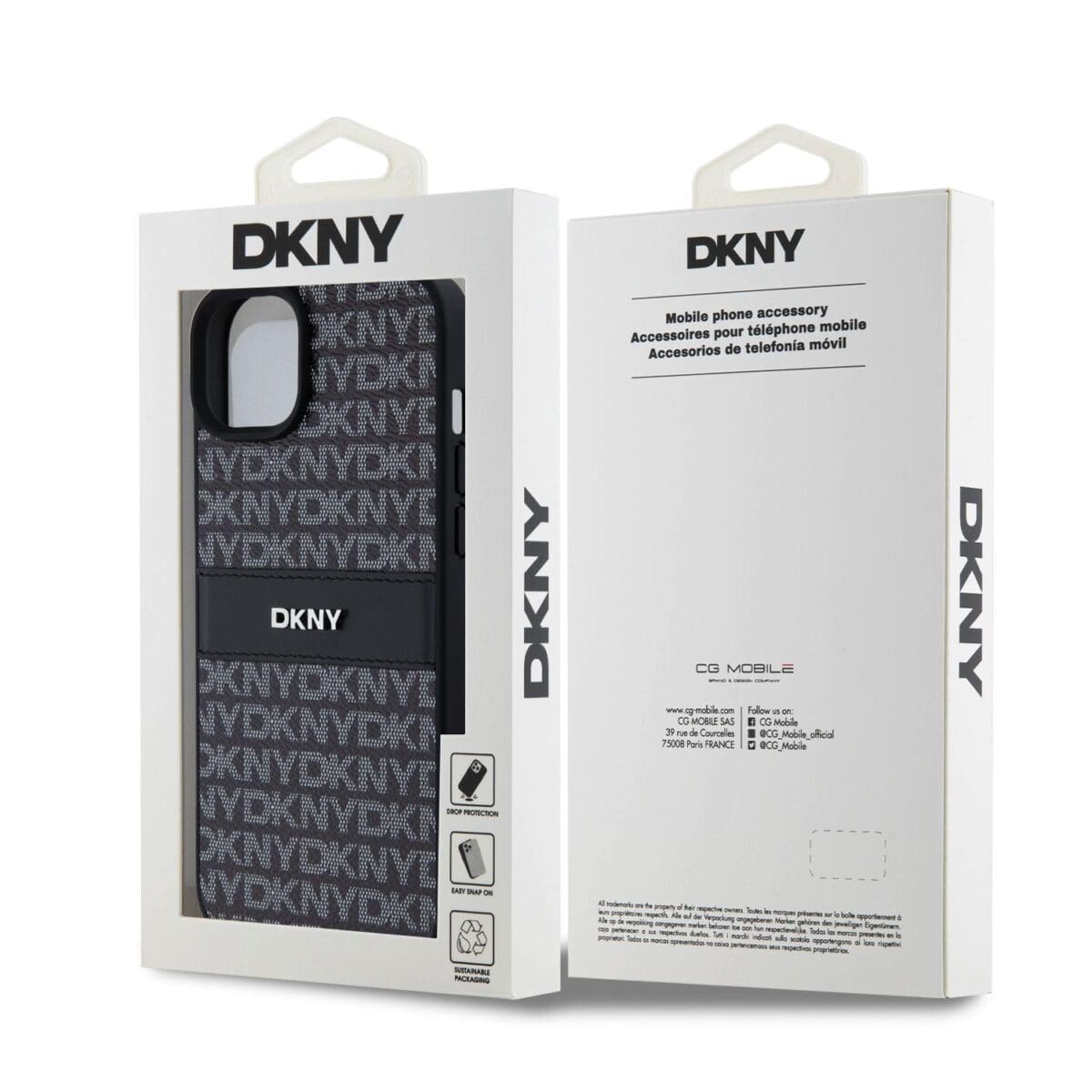 DKNY PU Leather Repeat Pattern Tonal Stripe Black Kryt iPhone 15 Plus