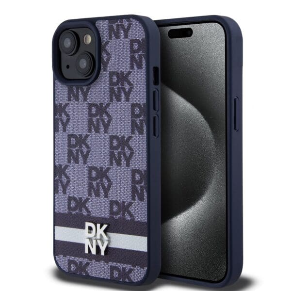 DKNY PU Leather Checkered Pattern and Stripe Blue Kryt iPhone 15