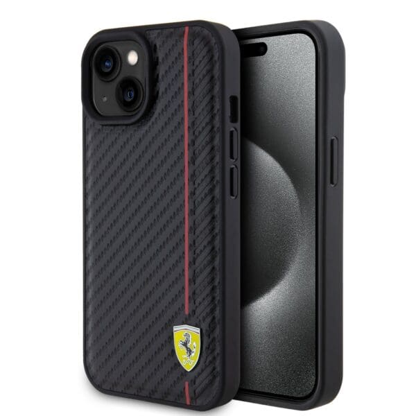 Ferrari PU Leather Carbon Vertical Red Line Black Kryt iPhone 15