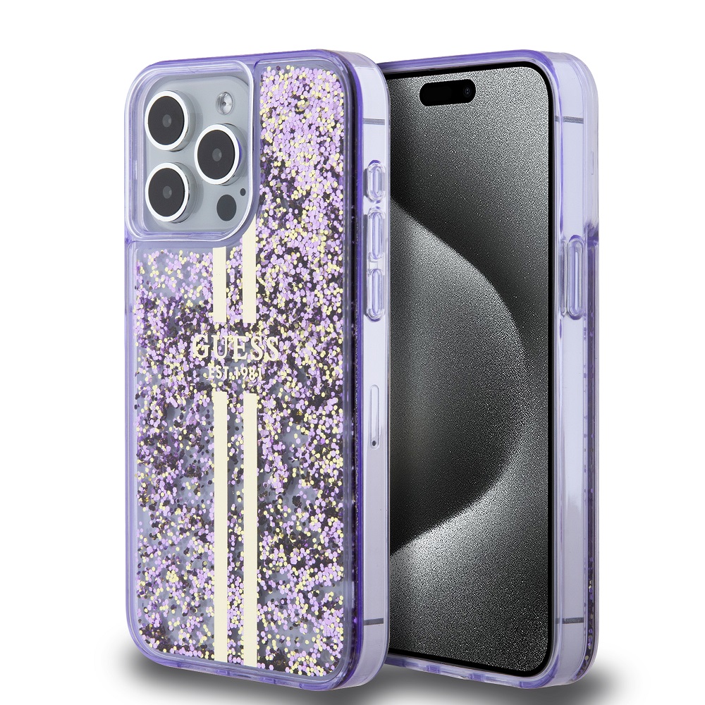 Guess PC/TPU Liquid Glitter Gold Stripe Purple Kryt iPhone 15 Pro Max