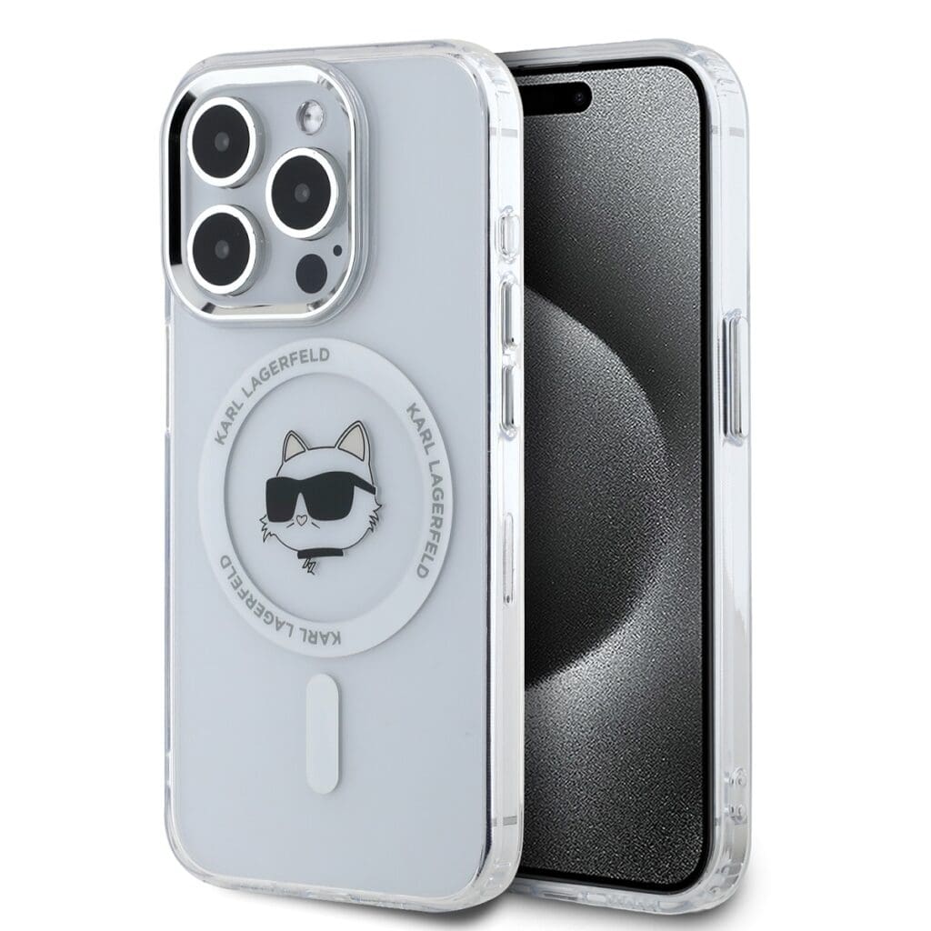 Karl Lagerfeld IML Choupette Head Metal Frame MagSafe Transparent Kryt iPhone 15 Pro