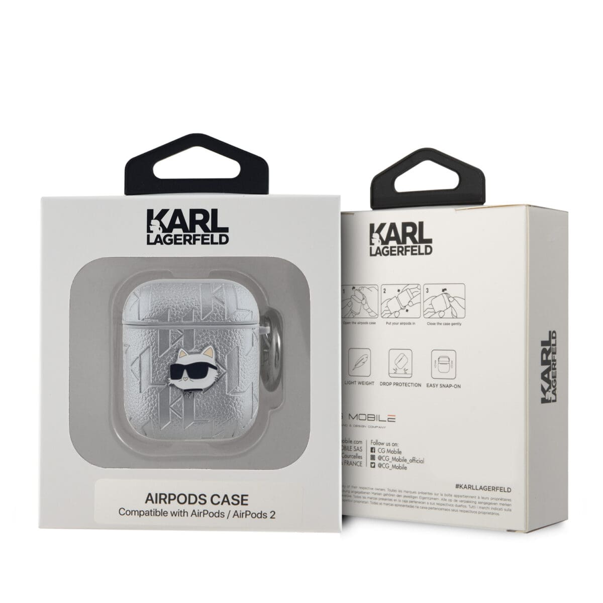 Karl Lagerfeld PU Embossed Choupette Head Silver Kryt AirPods 1/2