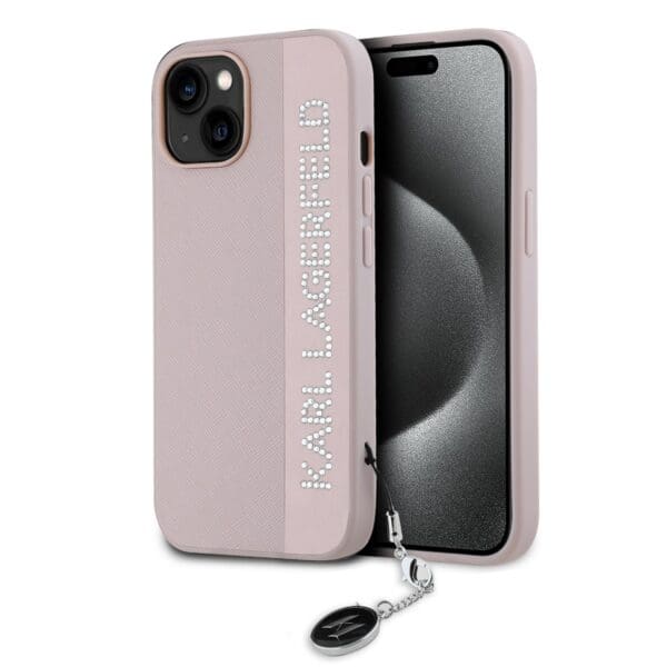 Karl Lagerfeld PU Saffiano Rhinestone Charm Pink Kryt iPhone 15