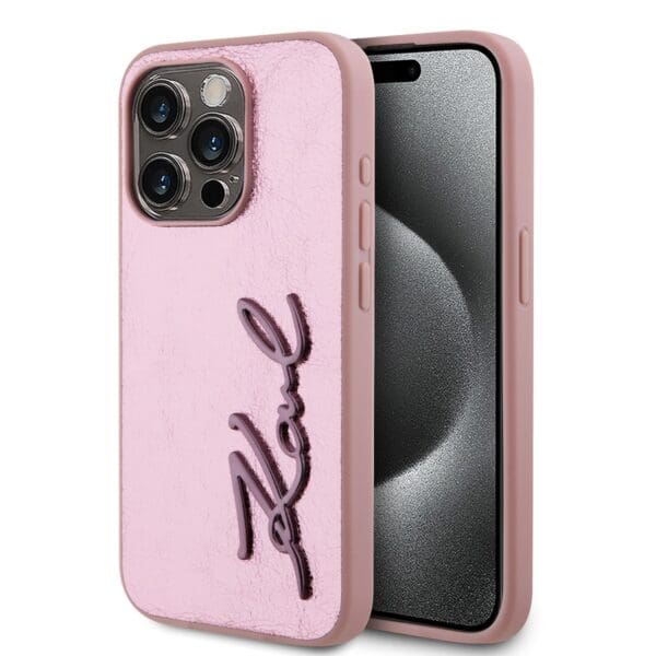 Karl Lagerfeld Wrinkled PU Signature Logo Pink Kryt iPhone 15 Pro Max