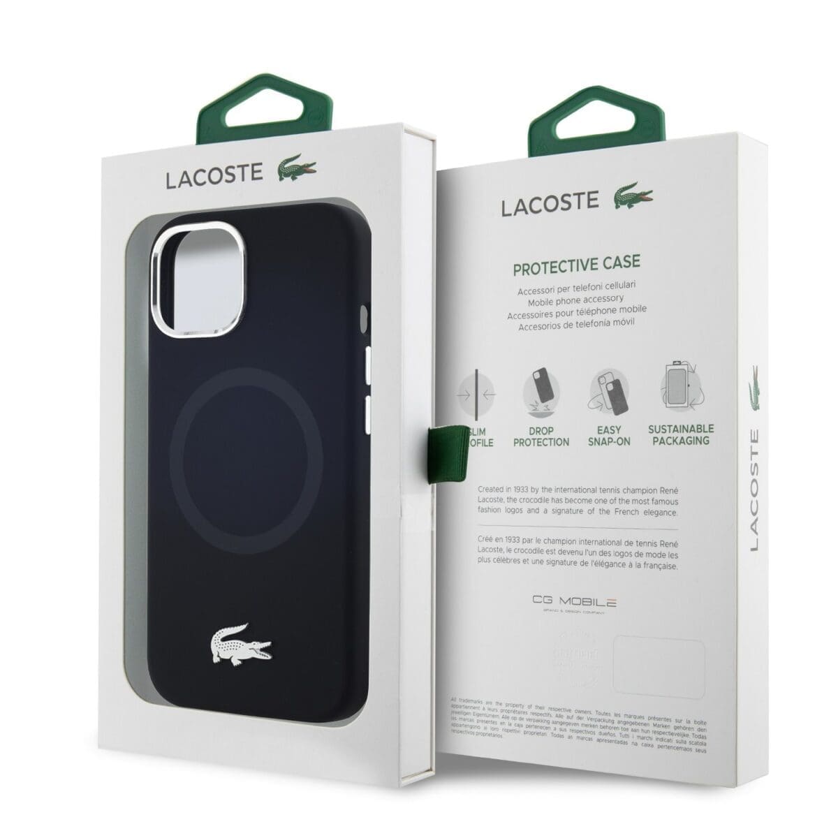 Lacoste Liquid Silicone Microfiber Silver Croc Logo MagSafe Black Kryt iPhone 15