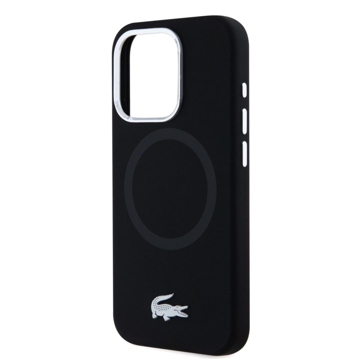 Lacoste Liquid Silicone Microfiber Silver Croc Logo MagSafe Black Kryt iPhone 15 Pro