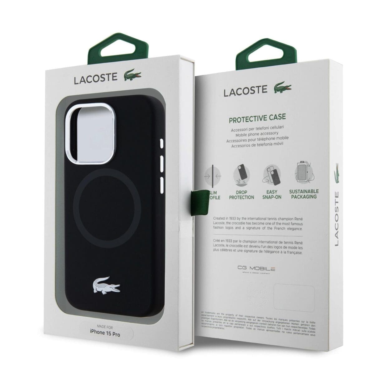 Lacoste Liquid Silicone Microfiber Silver Croc Logo MagSafe Black Kryt iPhone 15 Pro