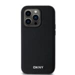 DKNY PU Leather Silver Metal Logo MagSafe Black Kryt iPhone 14 Pro
