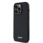 DKNY PU Leather Silver Metal Logo MagSafe Black Kryt iPhone 14 Pro