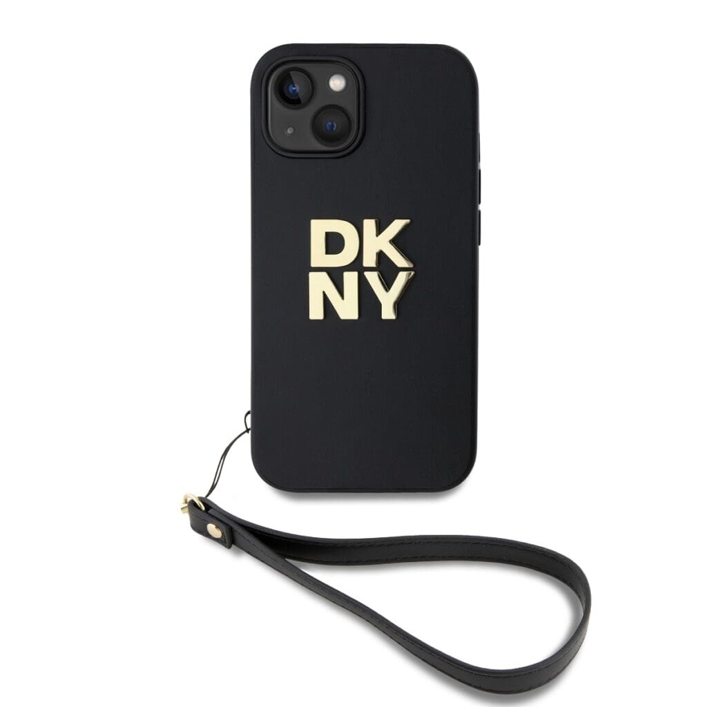 DKNY PU Leather Stack Logo Wrist Strap Black Kryt iPhone 15