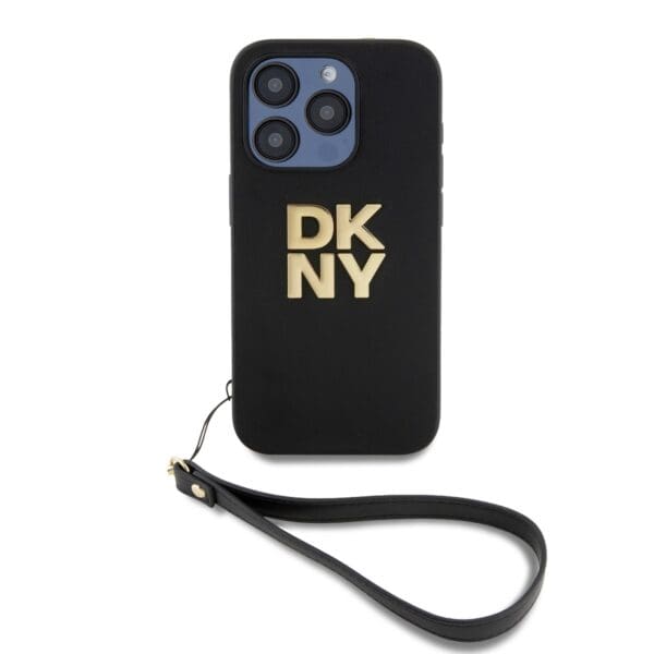 DKNY PU Leather Stack Logo Wrist Strap Black Kryt iPhone 15 Pro Max