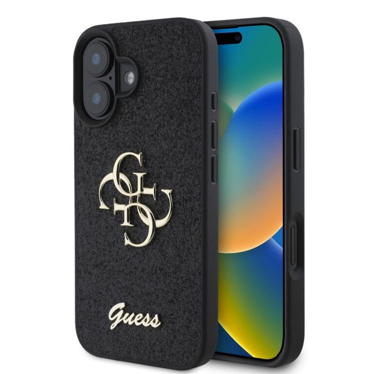 Guess PU Fixed Glitter 4G Metal Logo Black Kryt iPhone 16 Plus