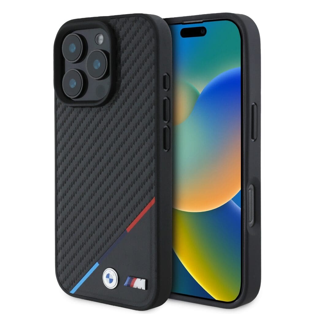 BMW M PU Carbon Tricolor Stripe MagSafe Black Kryt iPhone 16 Pro Max