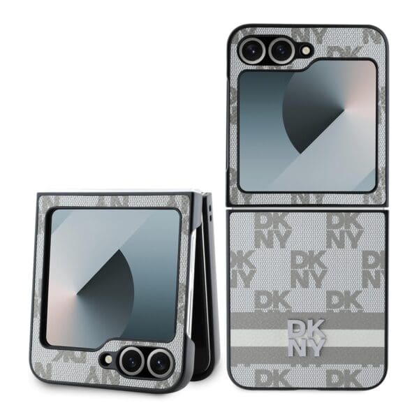 DKNY PU Leather Checkered Pattern and Stripe Beige Kryt Samsung Galaxy Z Flip 6