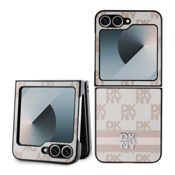 DKNY PU Leather Checkered Pattern and Stripe Pink Kryt Samsung Galaxy Z Flip 6