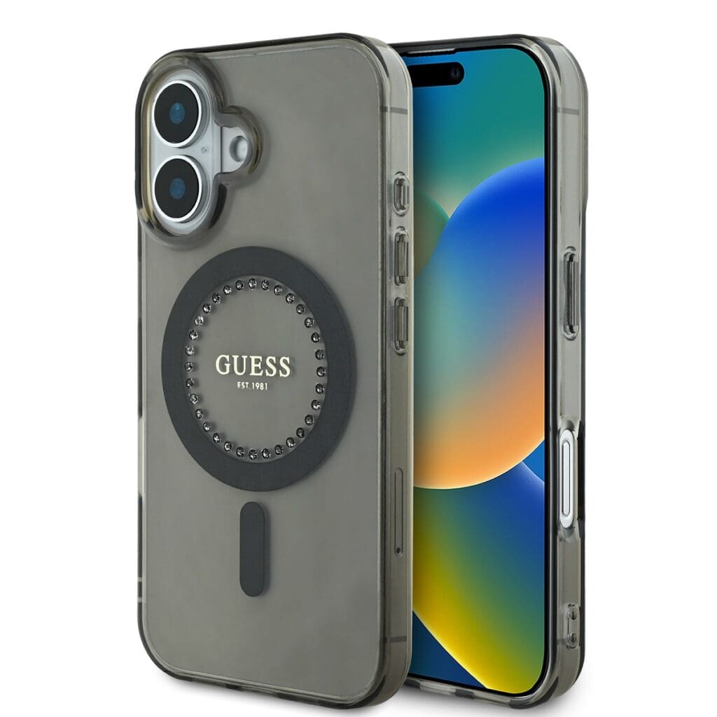 Guess IML Rhinestones Ring MagSafe Black Kryt iPhone 16