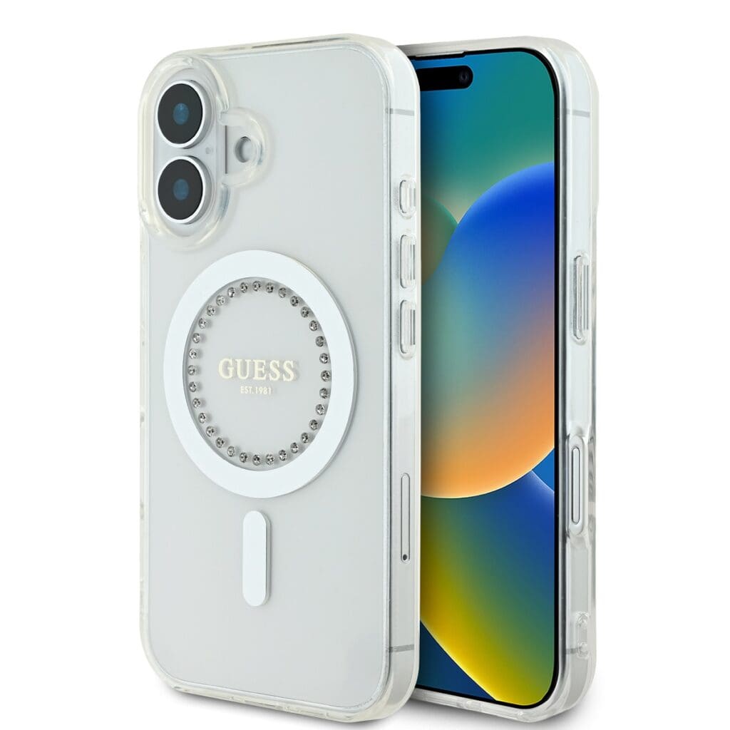 Guess IML Rhinestones Ring MagSafe White Kryt iPhone 16