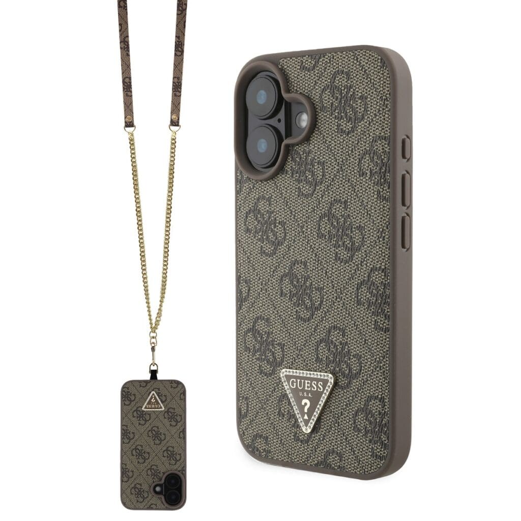 Guess PU 4G Strass Triangle Metal Logo + Crossbody Brown Kryt iPhone 16