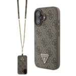 Guess PU 4G Strass Triangle Metal Logo + Crossbody Brown Kryt iPhone 16