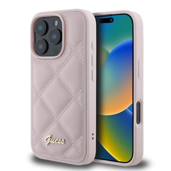 Guess PU Leather Quilted Pink Kryt iPhone 16 Pro