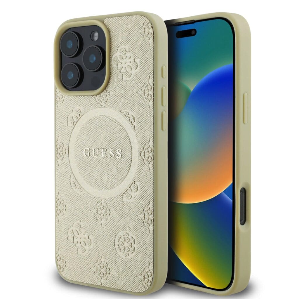 Guess Saffiano Peony Stamp MagSafe Gold Kryt iPhone 16 Pro