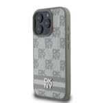 DKNY PU Leather Checkered Pattern and Stripe Beige Kryt iPhone 16 Pro