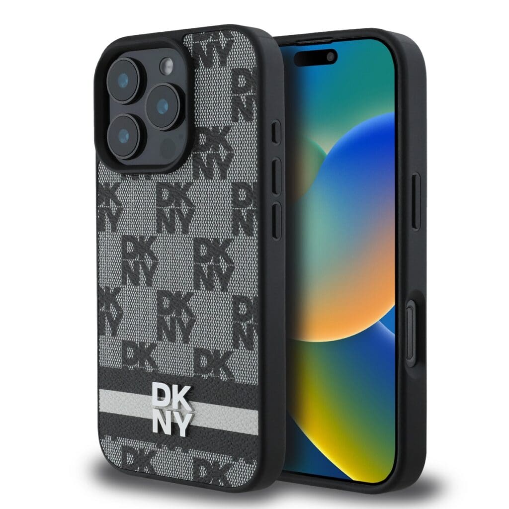 DKNY PU Leather Checkered Pattern and Stripe Black Kryt iPhone 16 Pro
