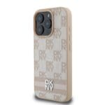 DKNY PU Leather Checkered Pattern and Stripe Pink Kryt iPhone 16 Pro