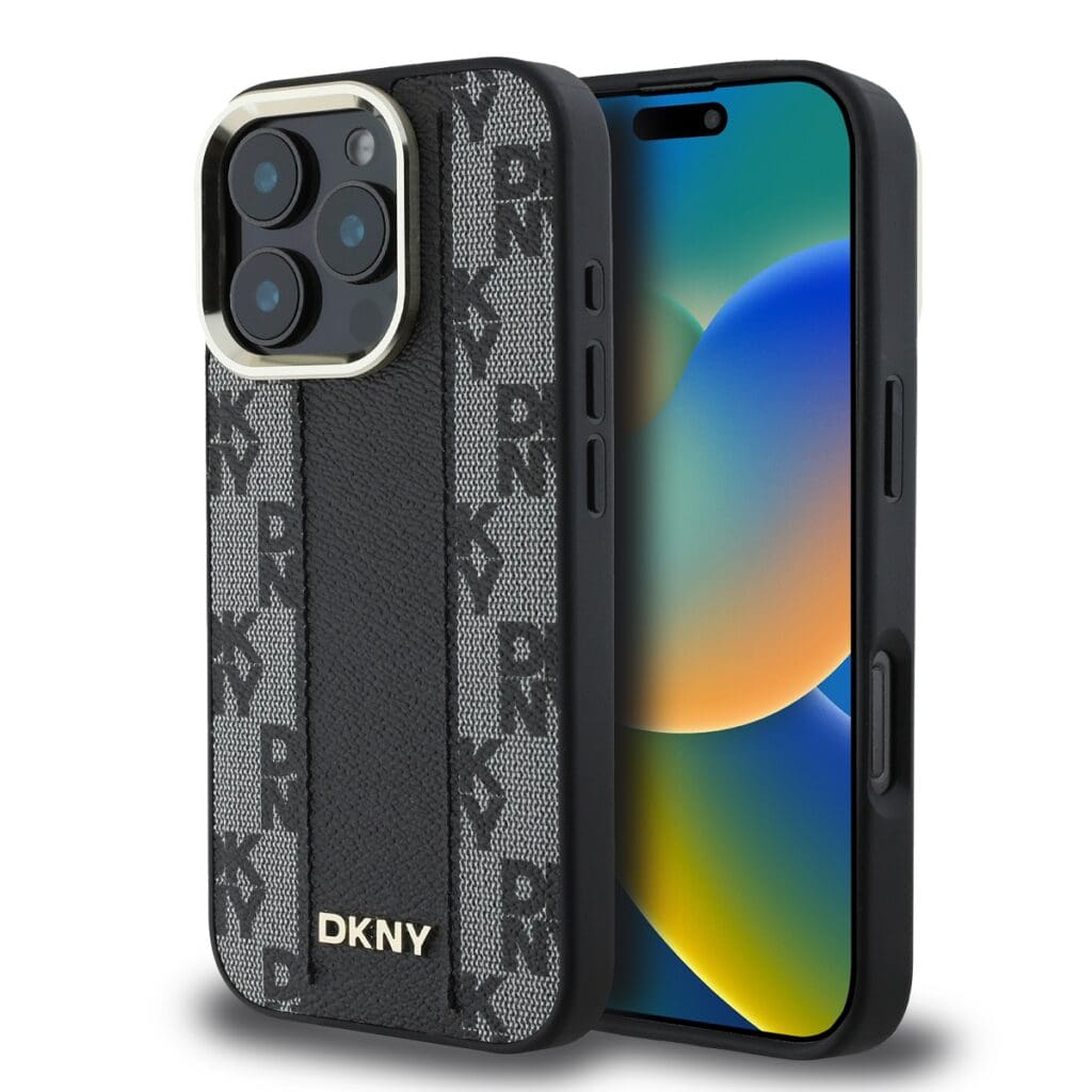 DKNY PU Leather Checkered Pattern MagSafe Black Kryt iPhone 16 Pro