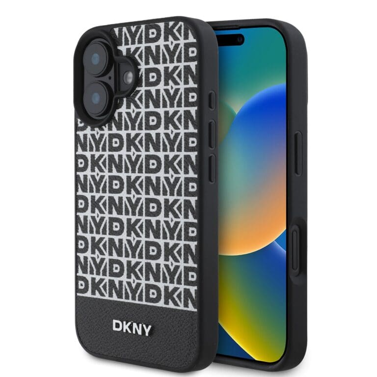 DKNY PU Leather Repeat Pattern Bottom Stripe MagSafe Black Kryt iPhone 16 Plus